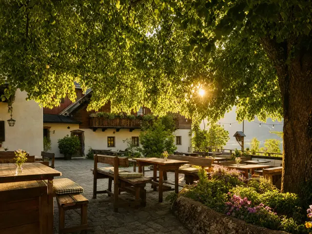 Gartenseite des Hauses mit Bäumen und Sitzplätzen