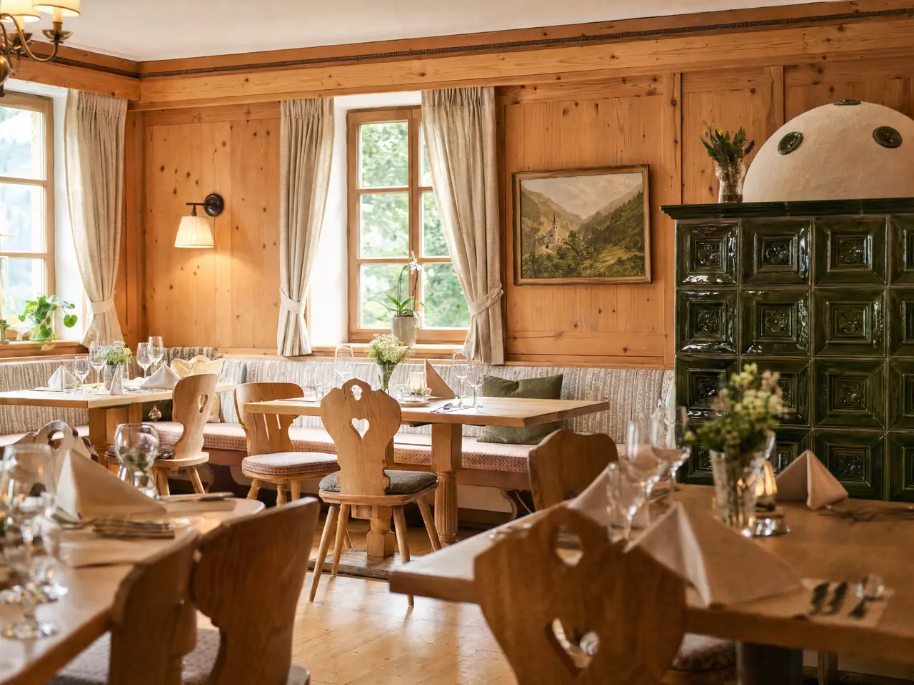 Gaststube mit Holztischen und warmem Licht