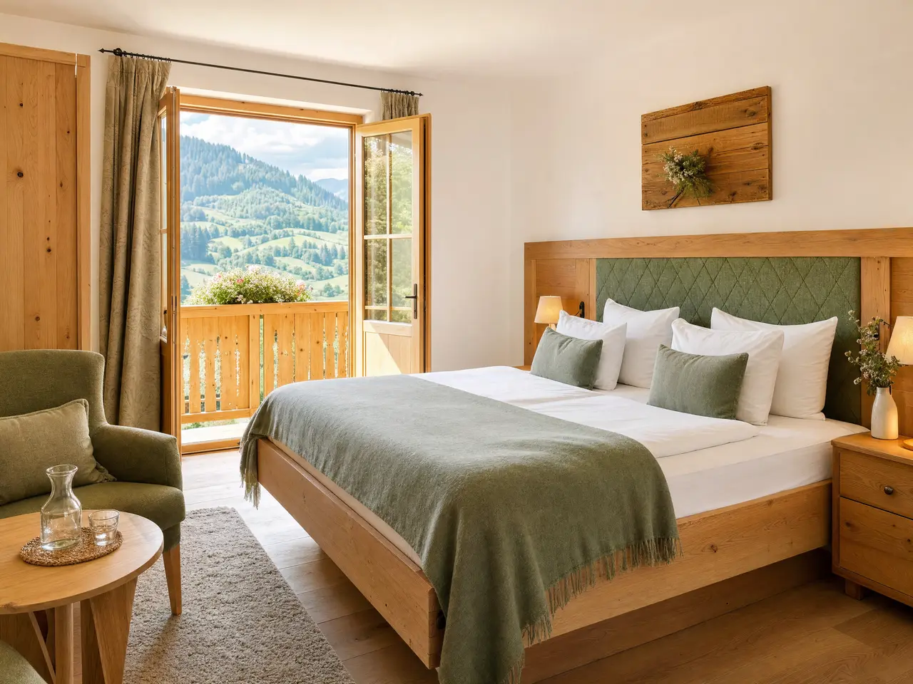 Doppelzimmer im Gasthaus mit Holzbett und Blick ins Grüne