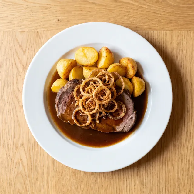 Zwiebelrostbraten mit Röstzwiebeln und Bratkartoffeln