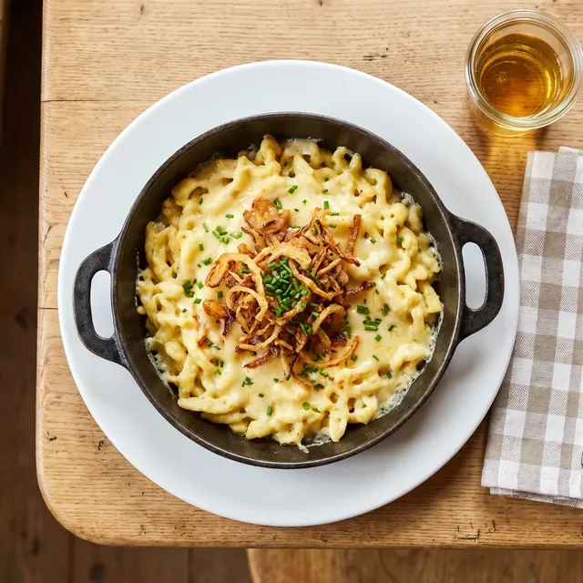 Käsespätzle mit Röstzwiebeln in der Pfanne